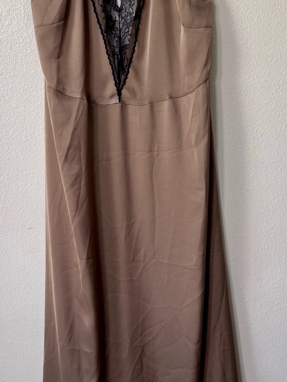 Anthropologie Taupe Satin Maxi Dress with Black Lace Trim - Picture 3 of 6